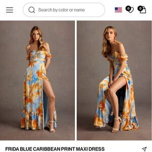 Azazie Frida Blue and Orange Print Maxi Dress